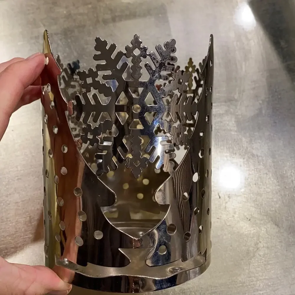 Slatkin Silver Metal Christmas Tree/Snowflake Pillar Candle Holder 5-1/2”x4-1/4”
